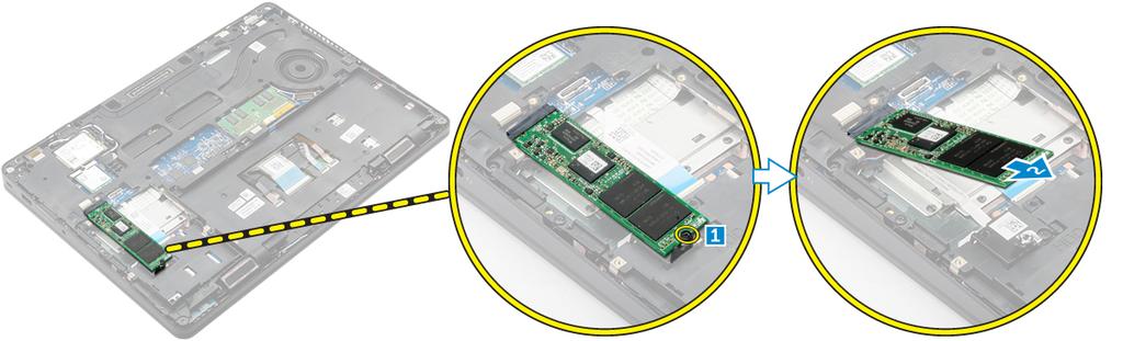 Opcjonalny dysk SSD Wymontowywanie opcjonalnego dysku SSD M.2 Jeśli system został dostarczony z dyskiem SSD M.2, należy wykonać następujące czynności.