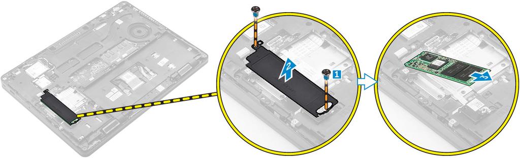 Montaż opcjonalnego dysku SSD PCIe Jeśli system jest dostarczany z dyskiem SSD PCIe, należy wykonać następujące czynności. 1 Włóż zacisk SSD do gniazda w komputerze.