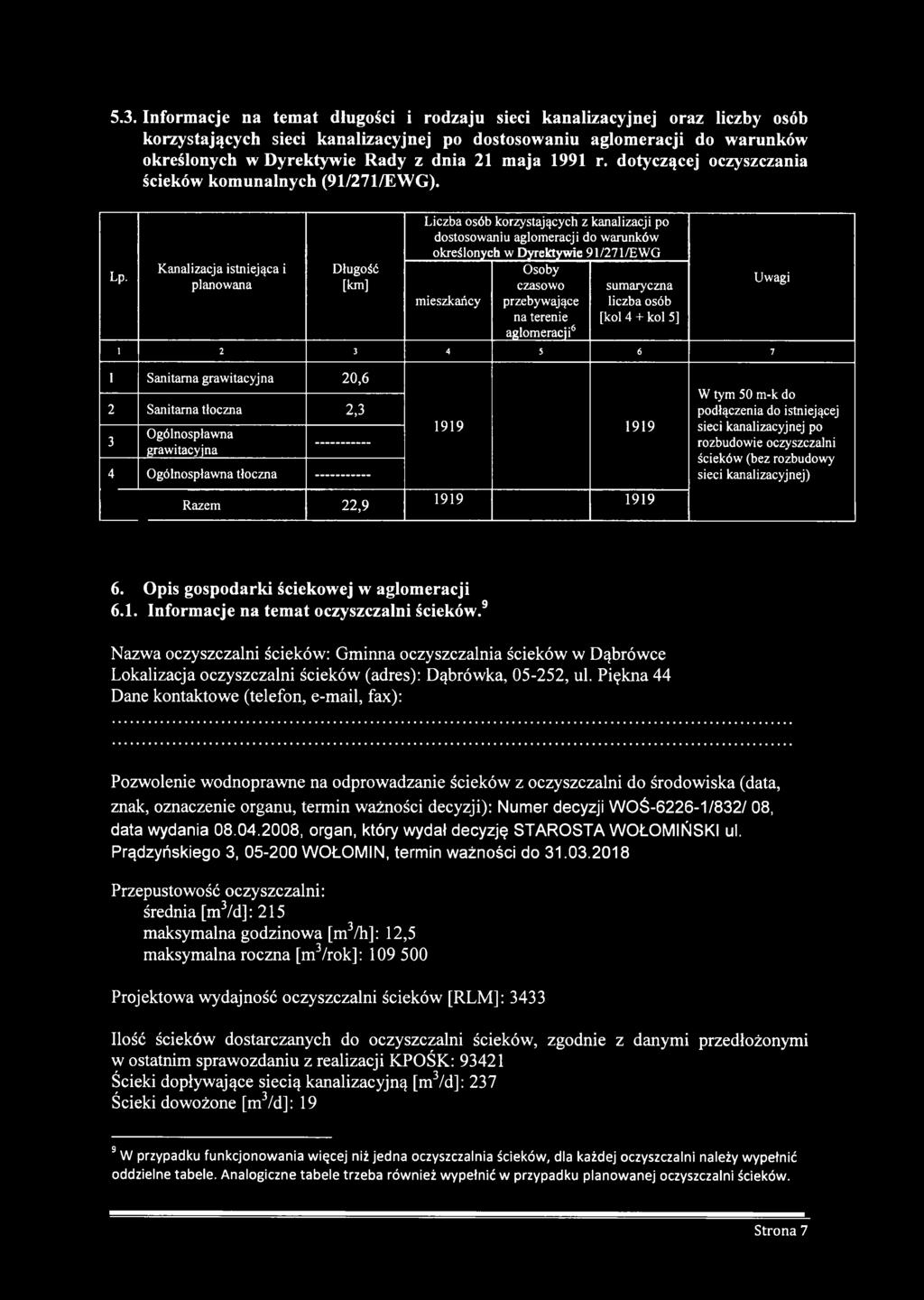 Kanalizacja istniejąca i planowana Długość [km] Liczba osób korzystających z kanalizacji po dostosowaniu aglomeracji do warunków określonych w Dyrektywie 91/271/EWG mieszkańcy Osoby czasowo