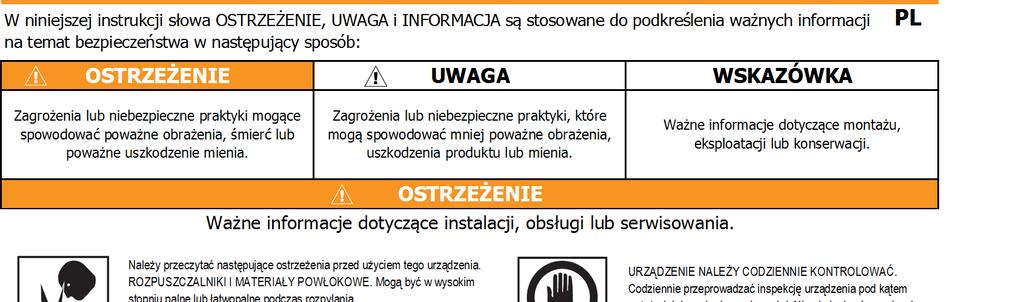 W niniejszej instrukcji słowa OSTRZEŻENIE, UWAGA i INFORMACJA są stosowane do podkreślenia ważnych informacji na temat bezpieczeństwa w następujący sposób: OSTRZEŻENIE Zagrożenia lub niebezpieczne