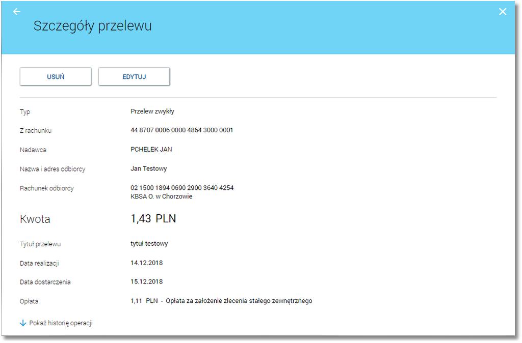 okno prezentujące szczegółowe informacje dla przelewu. Lista danych prezentowanych w szczegółach przelewu zależna jest od typu przelewu.