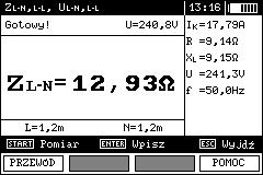 a) b) lub L N L N Miernik jest gotowy do pomiaru. Wykonać pomiar naciskając przycisk START. Odczytać wynik. Wynik utrzymuje się na ekranie przez 20s. Można go przywołać ponownie przyciskiem ENTER.