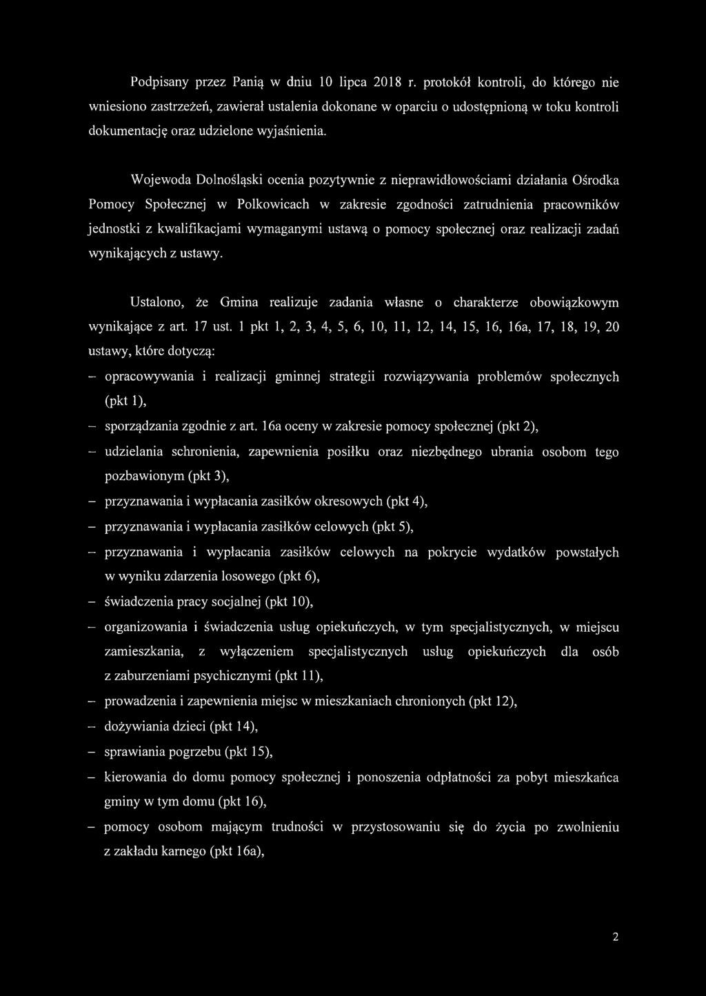 Wojewoda Dolnośląski ocenia pozytywnie z nieprawidłowościami działania Ośrodka Pomocy Społecznej w Polkowicach w zakresie zgodności zatrudnienia pracowników jednostki z kwalifikacjami wymaganymi