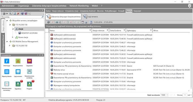 G DATA Administrator 104 W tym widoku wyświetlane są zdarzenia dotyczące wykrytych zagrożeń, a także zapytań składników PolicyManager, PatchManager i Firewall.