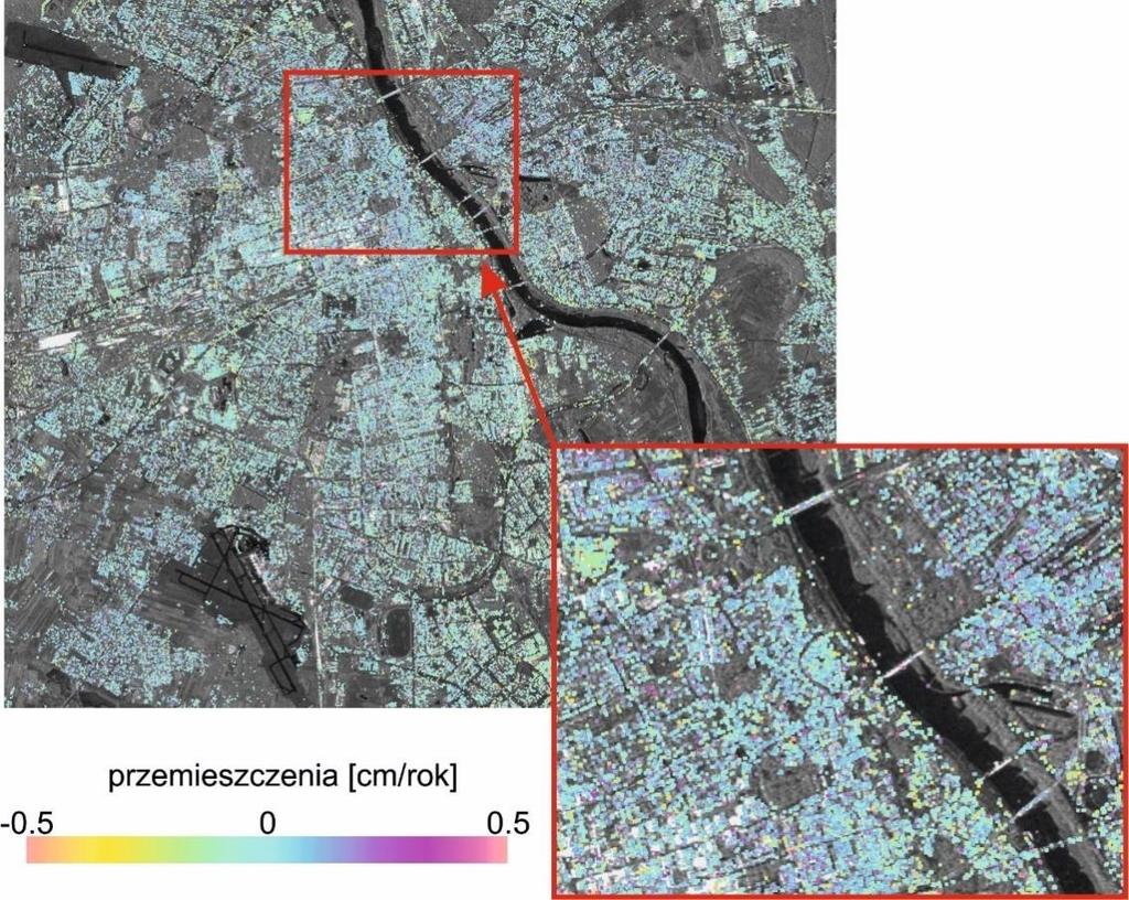 Metody (7) Interferometria Radarowa Trwałych Reflektorów (PSI) (4) W metodzie PSI w wyniku opracowania zdjęć radarowych otrzymuje się mapę