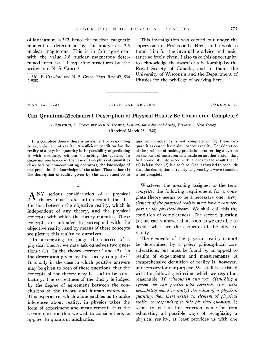1 Słnna praca Einsteina, Podolskiego i Rosena Can Quantum-Mechanical Description of Phsical Realit Be Considered Complete?