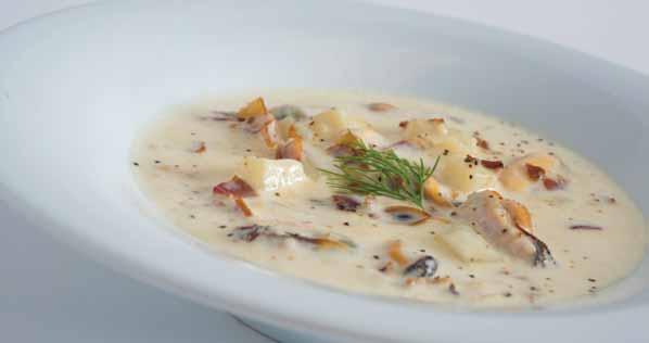 Preparation Time: 5 mins 4 lb fresh cultured blue mussels 1 tbsp butter ¾ cup onions, diced 2 tbsp flour 2 cup potatoes, diced 4 cup milk 2 cup light cream 4 slice bacon, fried crisp 1 pinch salt and