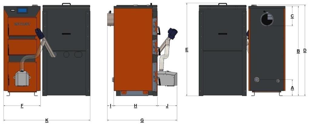 Rys. 2 Podstawowe wymiary kotłów AQUA ECO PELLET 15 kw i 20 kw z osprzętem ( patrz tab. nr 3 ) Tab.
