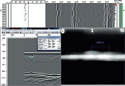 64 Na Rys.17 podano zobrazowanie pęknięcia podłużnego (101) o długości l x = 192 mm, uzyskane w badaniu radiograficznym (radiogram zdigitalizowany), które zinterpretowano jako wadę w przetopie.