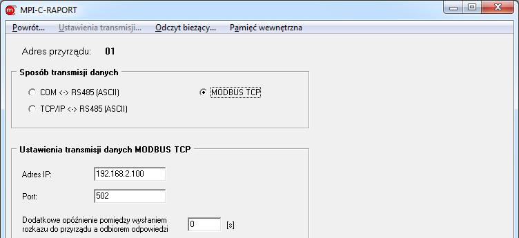 Rys. 6.4 Ustawienia transmisji Ethernet, protokół Modbus TCP 6.