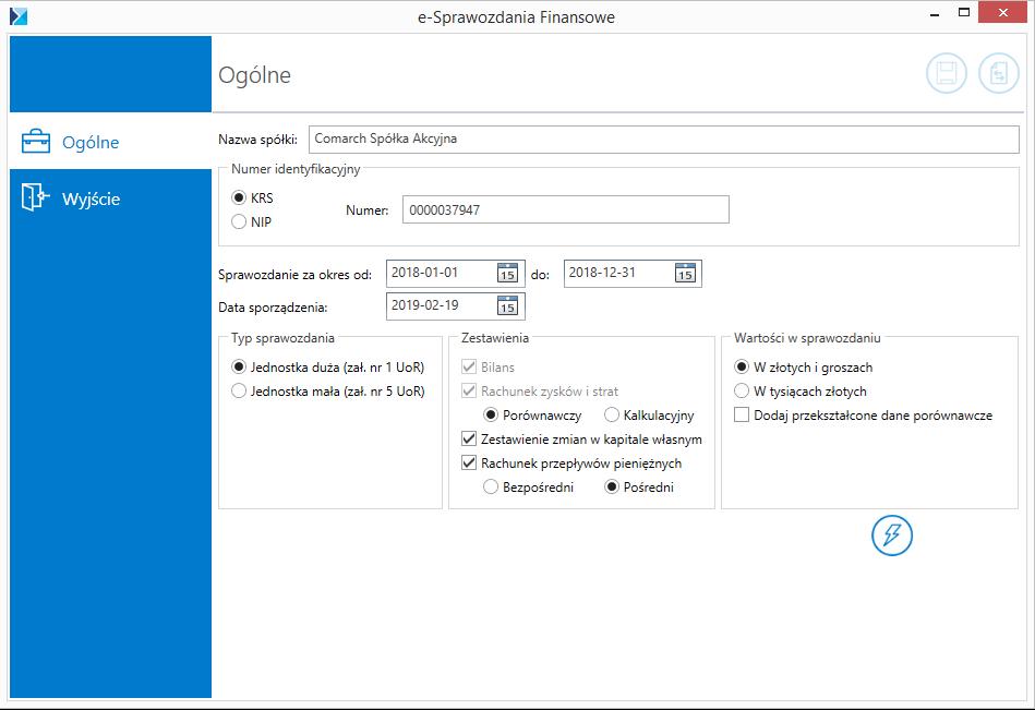 Rys 5. Parametry generacji sprawozdania Na oknie oprócz nazwy podmiotu, dla którego sporządzane jest sprawozdanie finansowe należy podać jej numer identyfikacyjny.