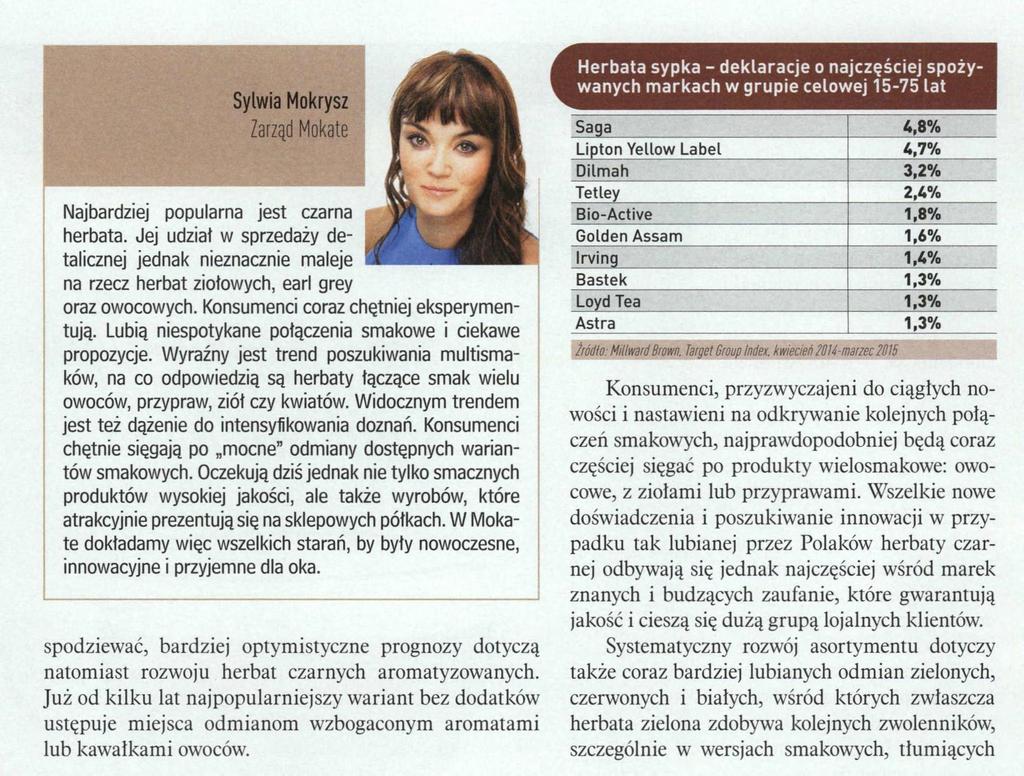 Sylwia Mokrysz Zarząd Mokate Najbardziej popularna jest czarna herbata. Jej udział w sprzedaży detalicznej jednak nieznacznie maleje na rzecz herbat ziołowych, earl grey oraz owocowych.
