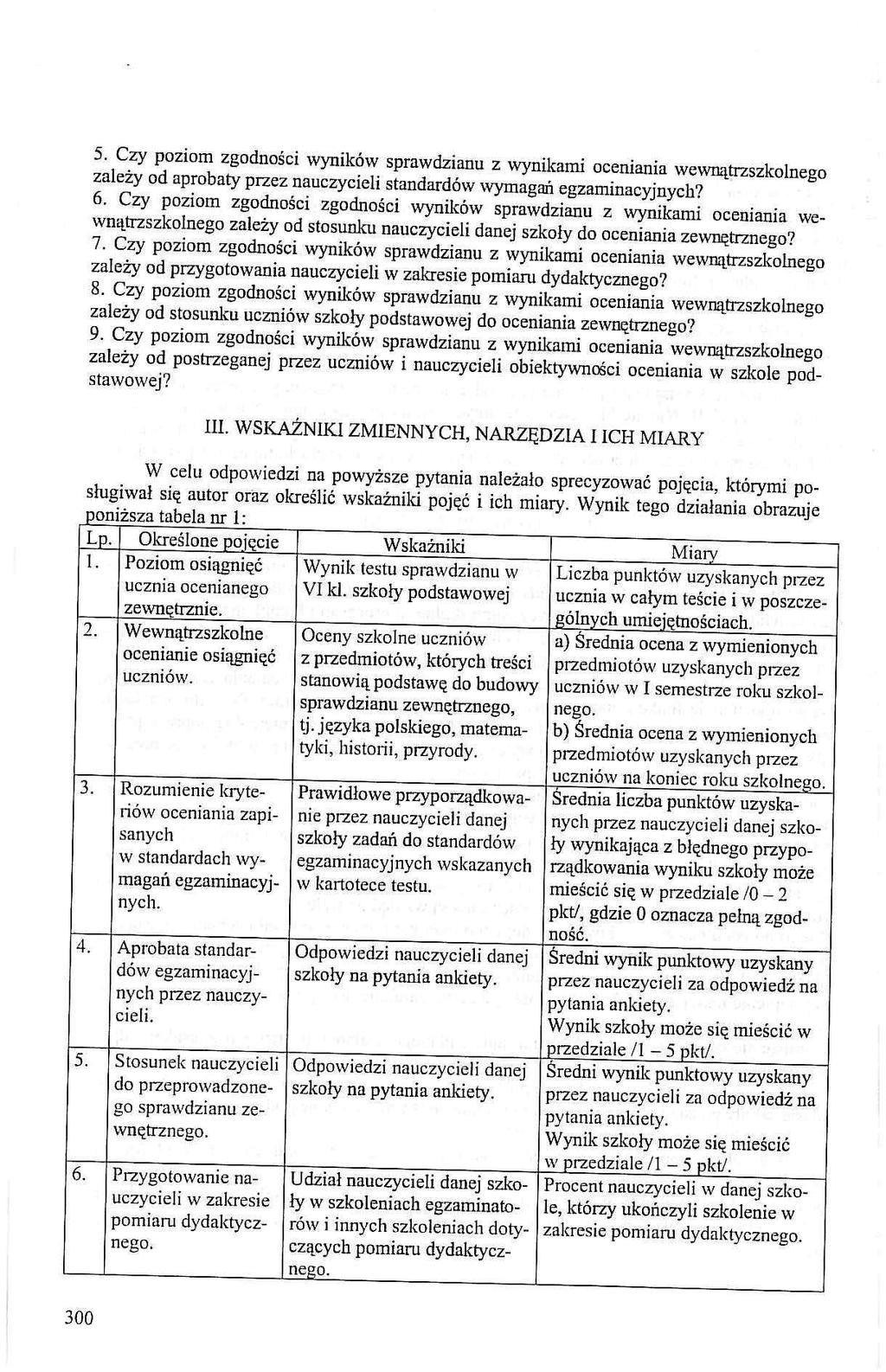 5. Czy poziom zgodności wyników sprawdzianu z wynikami oceniania wewnątrzszkolnego zależy od aprobaty przez nauczycieli standardów wymagań egzaminacyjnych? 6.