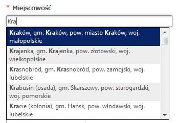 Adres miejsca zamieszkania kandydata Domyślnie w polu miejscowości pojawia się miejscowość Kraków.