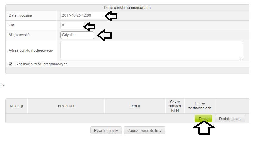 4) Zaznaczamy pole Realizacja treści programowych.