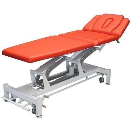 2 stół rehabilitacyjny z tapicerką 1 z otworami, prętami do mocowania pasów stabilizacyjnych oraz z regulowanym zagłówkiem w zakresie od -60-30 z elektryczną zmianą wysokości