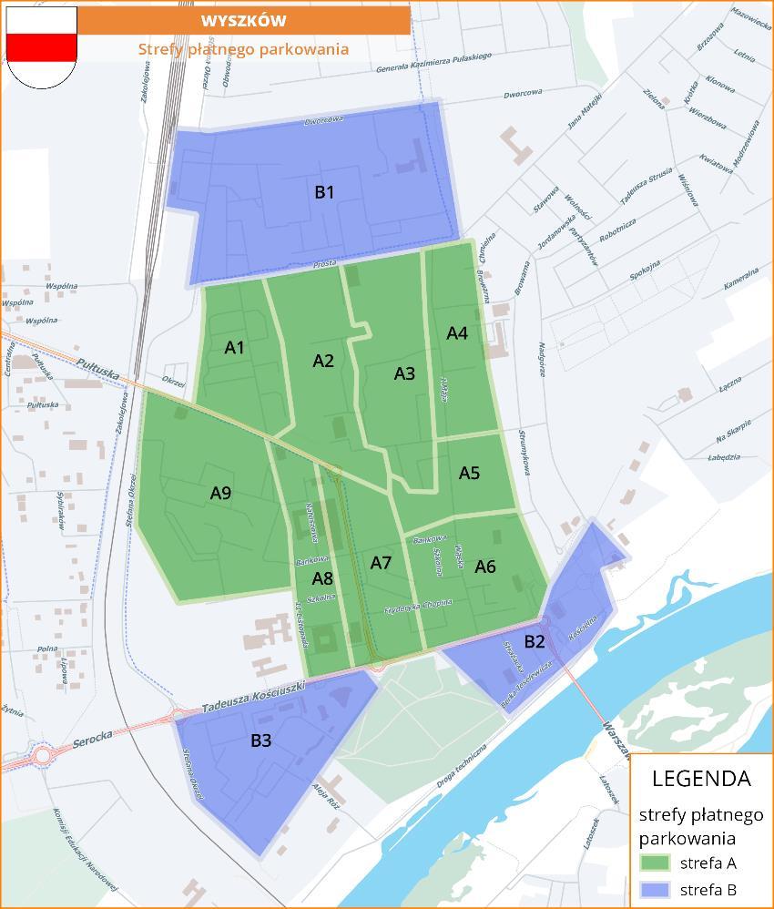 Rys. 4.27 Przykładowy podział Wyszkowa na strefy i podstrefy płatnego parkowania. Źródło: opracowanie własne.