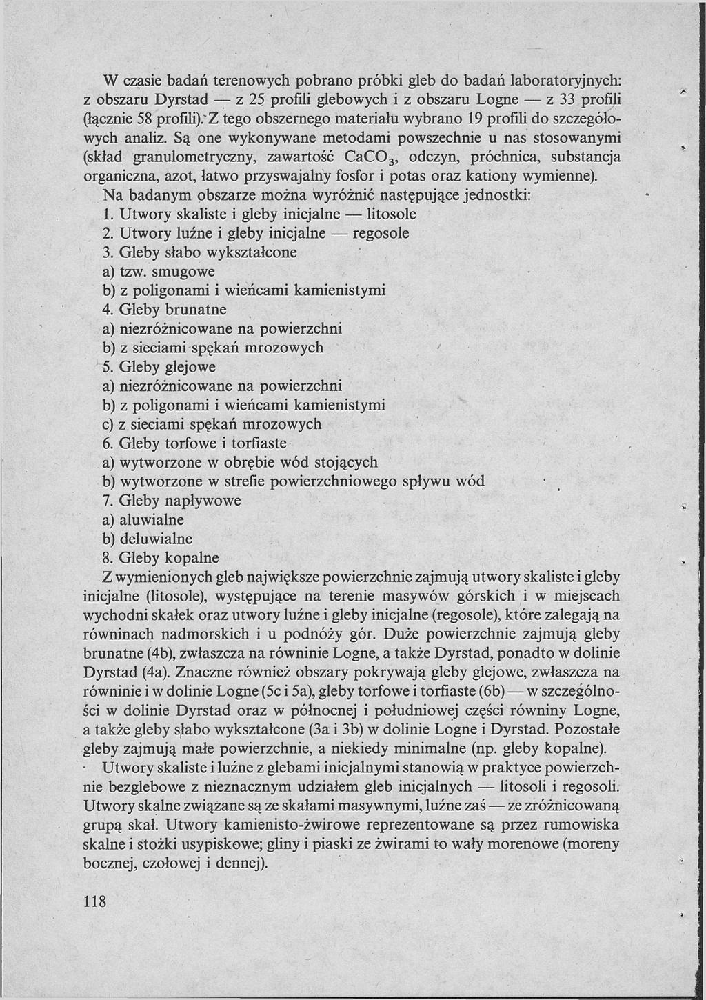 W czasie badań terenowych pobrano próbki gleb do badań laboratoryjnych: z obszaru Dyrstad z 2 profili glebowych i z obszaru Logne z 33 profili (łącznie profili).