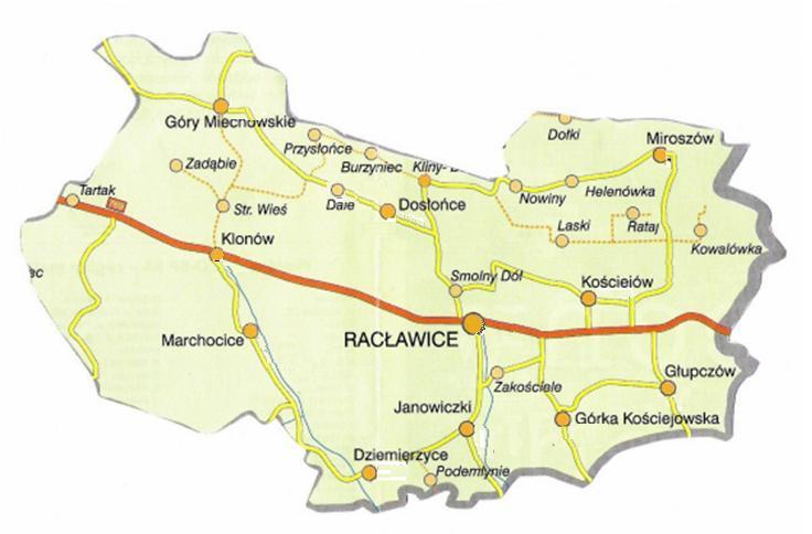 Rysunek 1. Mapa Gminy Racławice [źródło: Program usuwania azbestu i wyrobów zawierających azbest dla Powiatu Miechowskiego].