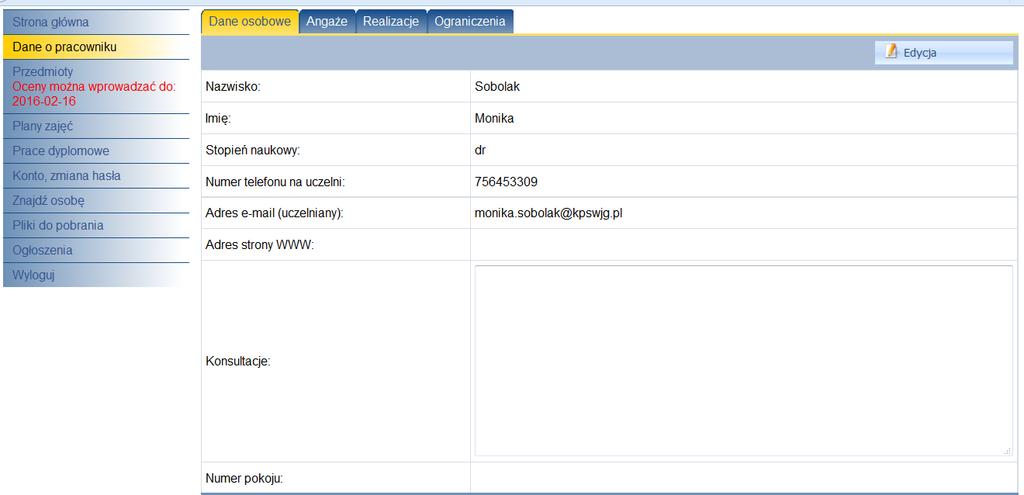Widok po wybraniu opcji Dane o pracowniku : Zaznaczone dane są już wypełnione przez administratora strony. Aby uzupełnić pozostałe pola należy wybrać opcję Edycja.
