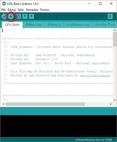 5. Wgranie i uruchomienie programu Aby uruchomić program i sterować diodą podłączoną do Arduino z poziomu LabVIEW należy najpierw wgrać odpowiedni program na płytkę rozwojową Arduino.