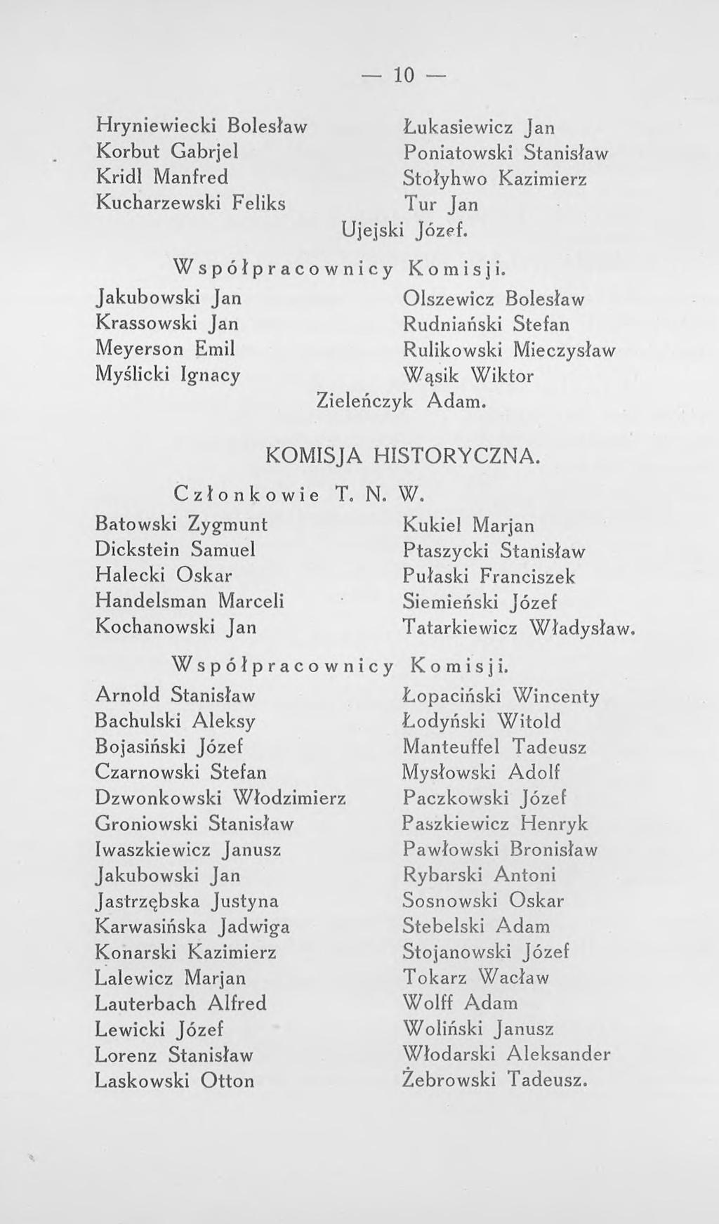 10 Hryniewiecki Bolesław Korbut Gabrjel Kridl Manfred Kucharzewski Feliks Łukasiewicz Jan Poniatowski Stanisław Stołyhwo Kazimierz Tur Jan Ujejski Józef. Współpracownicy Komisji.