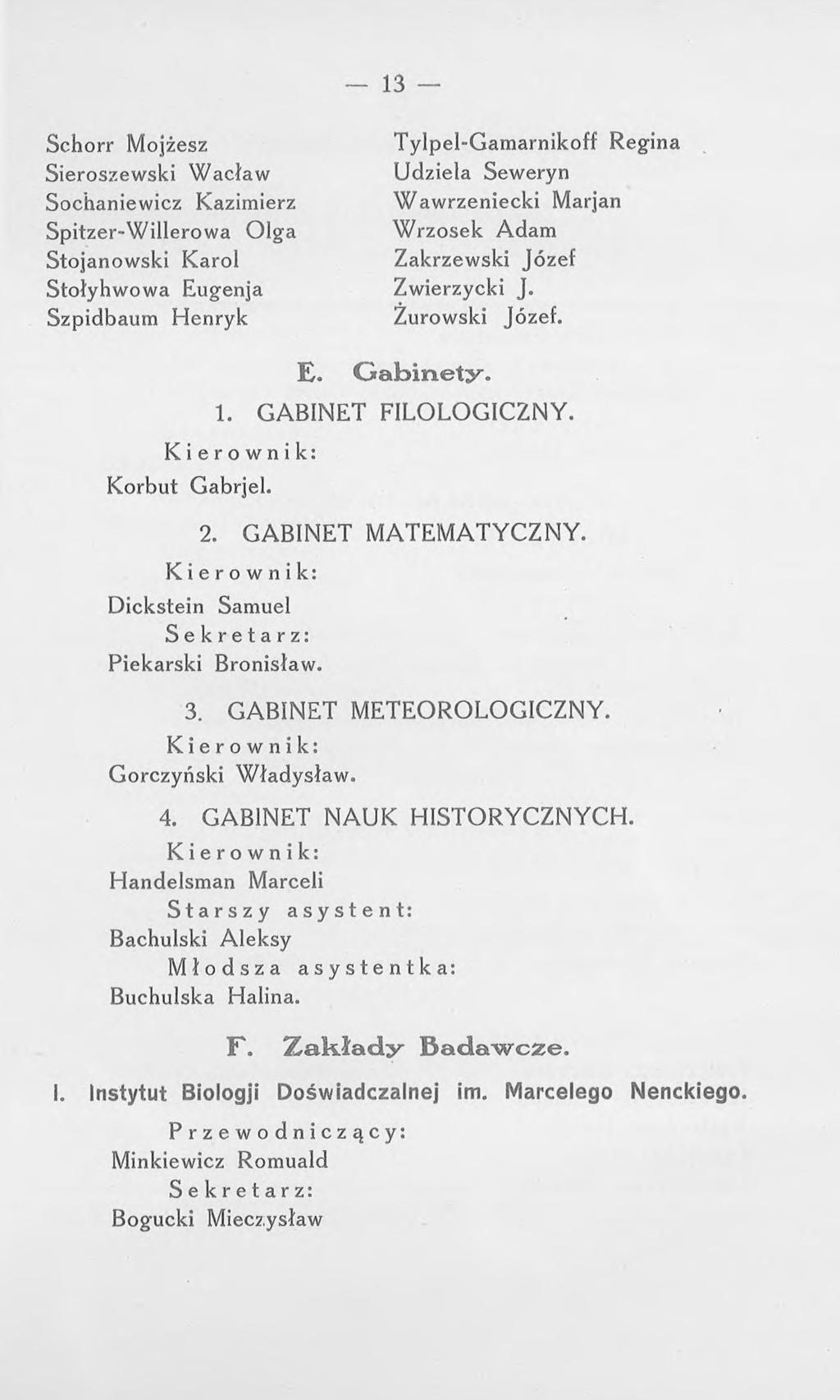 - 13 Schorr Mojżesz Tylpel-Gamarnikoff Regina Sieroszewski Wacław Udziela Seweryn Sochaniewicz Kazimierz Wawrzeniecki Marjan Spitzer-Willerowa Olga Wrzosek Adam Stojanowski Karol Zakrzewski Józef