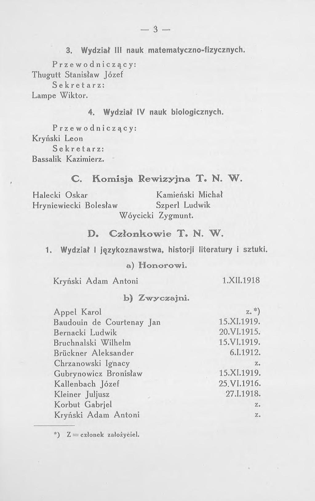 3 3. Wydział III nauk matematyczno-fizycznych. Przewodniczący: Thugutt Stanisław Józef Lampe Wiktor. 4. Wydział IV nauk biologicznych. Przewodniczący: Kryński Leon Bassalik Kazimierz. C.