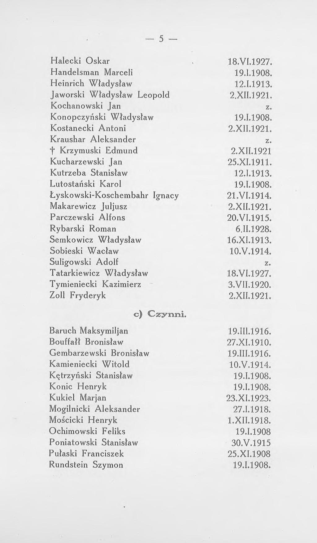 5 Halecki Oskar Handelsman Marceli Heinrich Władysław Jaworski Władysław Leopold Kochanowski Jan Konopczyński Władysław Kostanecki Antoni Kraushar Aleksander "f Krzymuski Edmund Kucharzewski Jan
