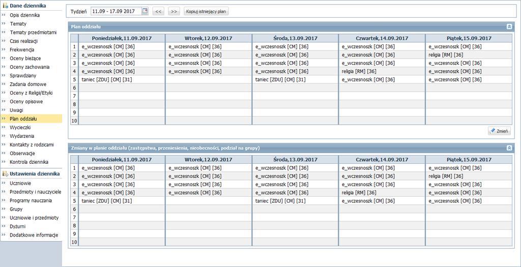 Wprowadzony plan pojawi się na stronie Plan oddziału, w sekcjach Plan oddziału oraz Zmiany w planie oddziału (zastępstwa, przeniesienia, nieobecności).