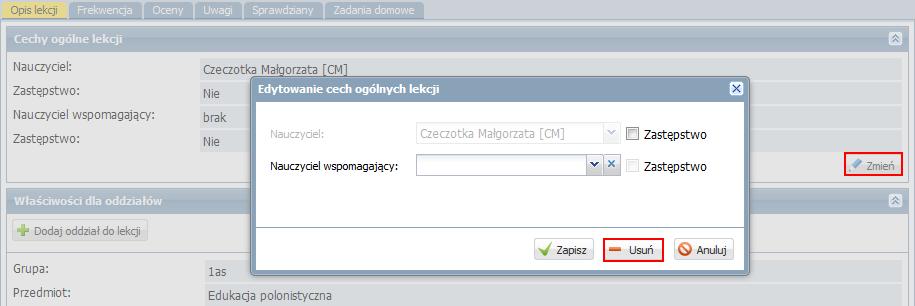 Poszczególne elementy tego opisu można modyfikować po kliknięciu przycisków Zmień.