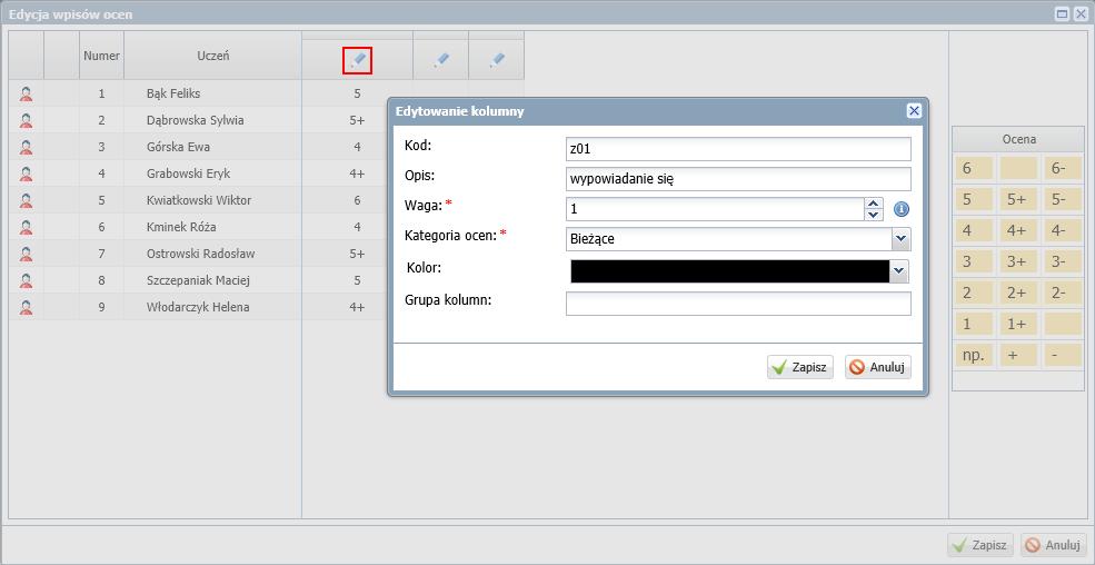 UONET+. Dokumentowanie lekcji i prowadzenie dzienników w klasach 1-3 szkoły podstawowej 19/43 Po kliknięciu ikony w nagłówku kolumny możesz szczegółowo opisać oceny (w oknie Edytowanie kolumny).