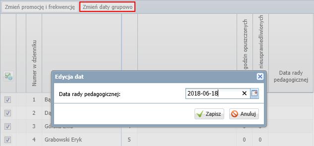 Kliknij przycisk Zmień daty grupowo i w oknie Edycja dat wprowadź datę, a następnie kliknij przycisk Zapisz. 6. Ustal wskaźniki promocji i frekwencję uczniów.