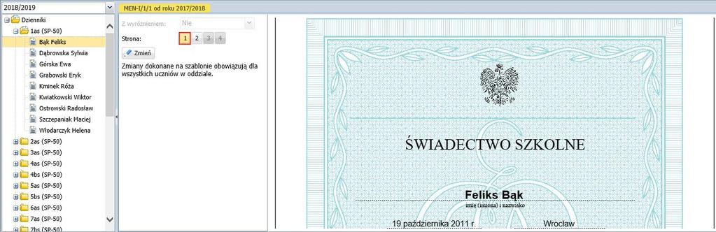 Postępując analogicznie, dodaj pozostałe szablony używane w oddziale. Wprowadzanie daty wydania świadectwa. 1. Wróć na kartę Parametry. 2.