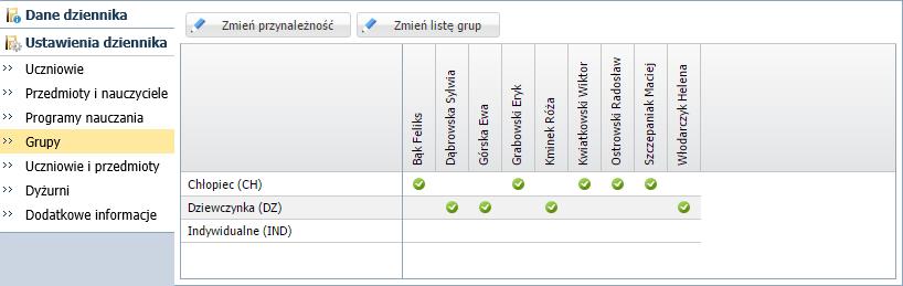 grupy, to na stronie Grupy należy wskazać, do jakich grup należą poszczególni uczniowie. Dzięki temu będą automatycznie generowane właściwe listy uczniów na takich lekcjach.