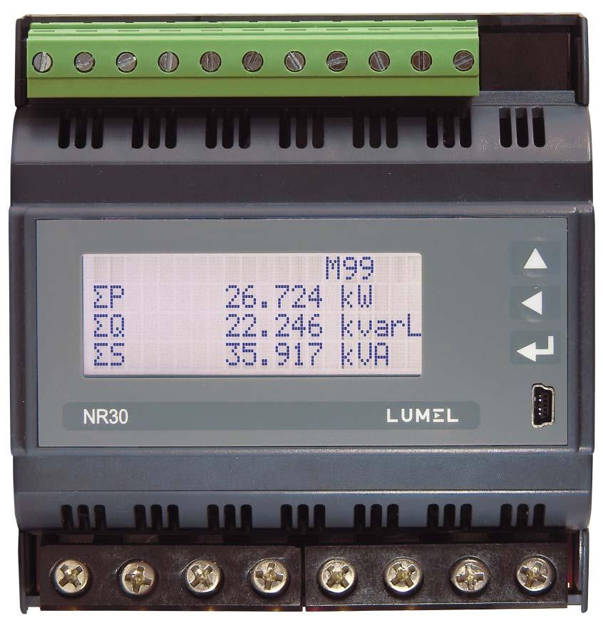 NR3-7 Rev. A (Instrukcja obsługi) 1 7 PROGRAMOWANIE NR3 7.1 Panel przedni Rys.9. Panel przedni Miernik NR3 ma 3 przyciski i wyświetlacz LCD znakowy 2 x 4 wiersze.