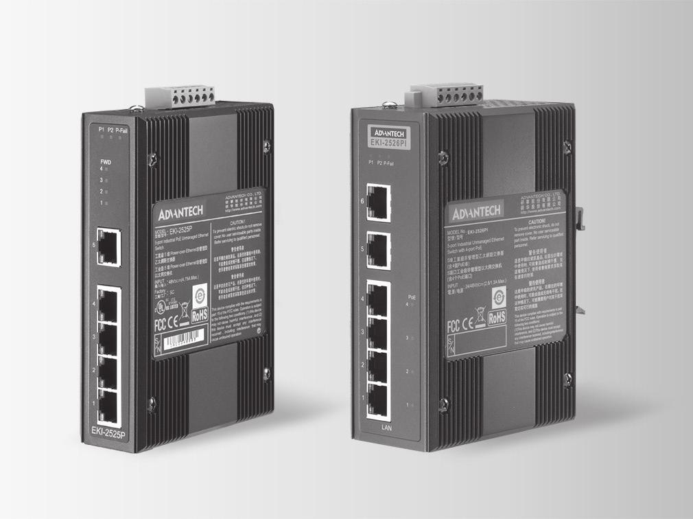 EKI-2525P EKI-2526PI 5-port Industrial PoE Switch 6-port Industrial PoE Switch with Wide Temperature Provides 5/6 Fast Ethernet ports with 4 PoE ports with injector function Supports 10/100 Mbps Auto