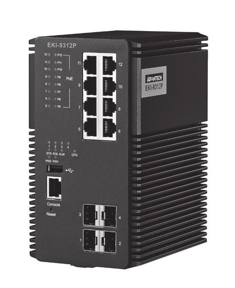 EKI-9312P NEW Industrial-Class 12 Port Managed DIN Rail Switch Full Gigabit Switch with PoE/PoE+ All Gigabit connections support dual ring protection and non-blocking traffic forwarding X-Ring Pro: