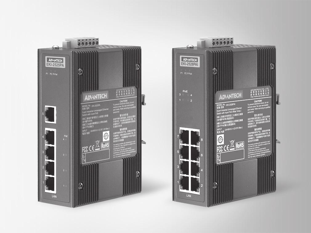 EKI-2525PA EKI-2528PAI 5-port Industrial PoE Switch with 24/48 V DC Input 8-port Industrial PoE Switch with 24/48 V DC Input and Wide Temperature Provides 5/8 Fast Ethernet ports with 4 PoE ports