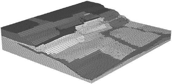 (rys. 2). Model sk ada si z oko o 138 tys. elementów, obejmuj c obszar o powierzchni 637,5 tys. m 2 (850 750 m). Rys. 2. Model numeryczny analizowanego rejonu zbocza Na budow geologiczn zbocza [4] w tym rejonie sk adaj si g ównie utwory trzeciorz dowe oraz w mniejszym stopniu utwory czwartorz dowe.