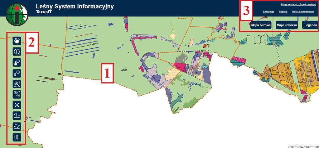 2. Ekran główny Główny ekran aplikacji można podzielić na trzy główne części: 2.1 Okno mapy 2.2 Narzędzia mapy 2.3 Panel funkcyjny 2.1. Okno mapy W oknie mapy wyświetlana jest mapa robocza na tle mapy bazowej.