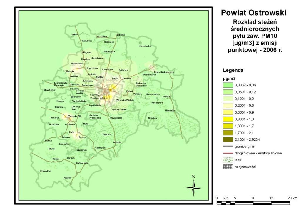 Mapa 7.2.5. Rozkład stężeń średniorocznych pyłu zaw.