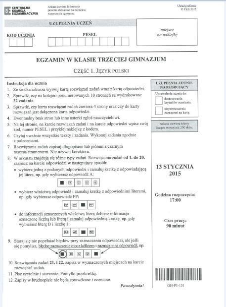 Organizacja i przebieg egzaminu gimnazjalnego kodowanie arkusza (j.