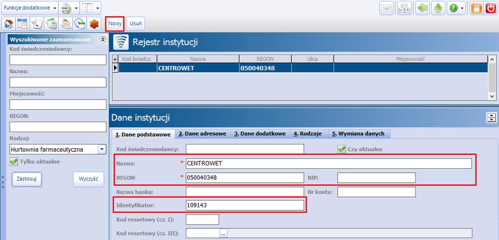 3.1.2 Dodanie hurtowni w rejestrze instytucji Ścieżka: Zarządzanie > Konfiguracja > Rejestr instytucji Dla poszczególnych rodzajów transakcji wymagane jest wskazanie instytucji, od której nabyto lub