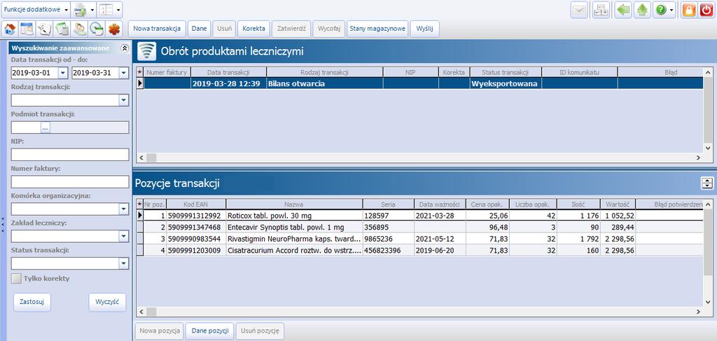 3.2.4 Dodanie bilansu otwarcia Ścieżka: Moduły dodatkowe > Obrót produktami leczniczymi > Obrót lekami Bilans otwarcia jest szczególnym rodzajem transakcji, służącym do początkowego ustawienia stanów