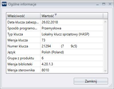 Jeżeli klucz został rozpoznany, wyświetlone zostanie okno z informacjami umożliwiającymi identyfikację sprzętu (Rys. E.