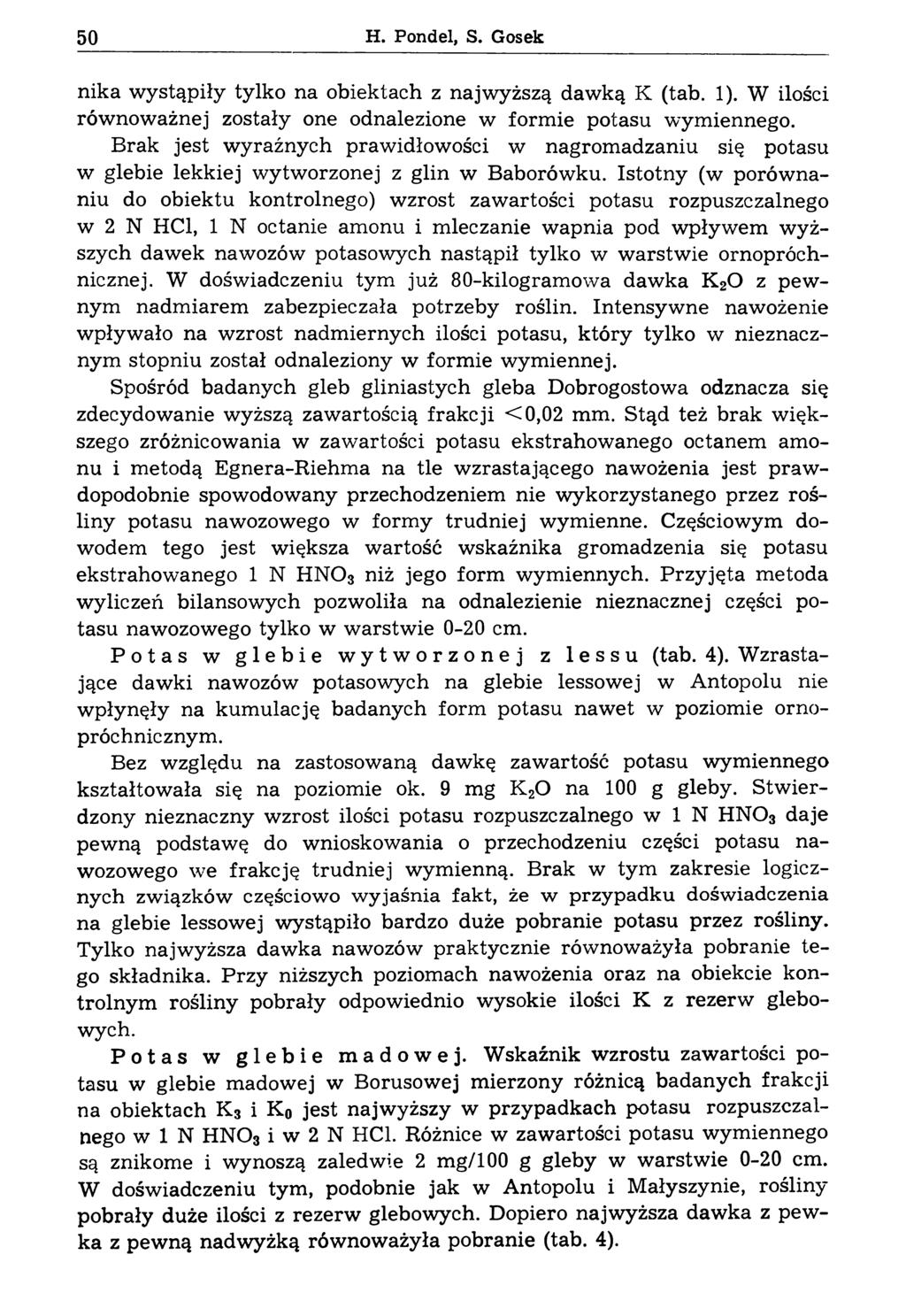 50 H. Pondel, S. Gosek nika wystąpiły tylko na obiektach z najwyższą dawką К (tab. 1). W ilości równoważnej zostały one odnalezione w formie potasu wymiennego.