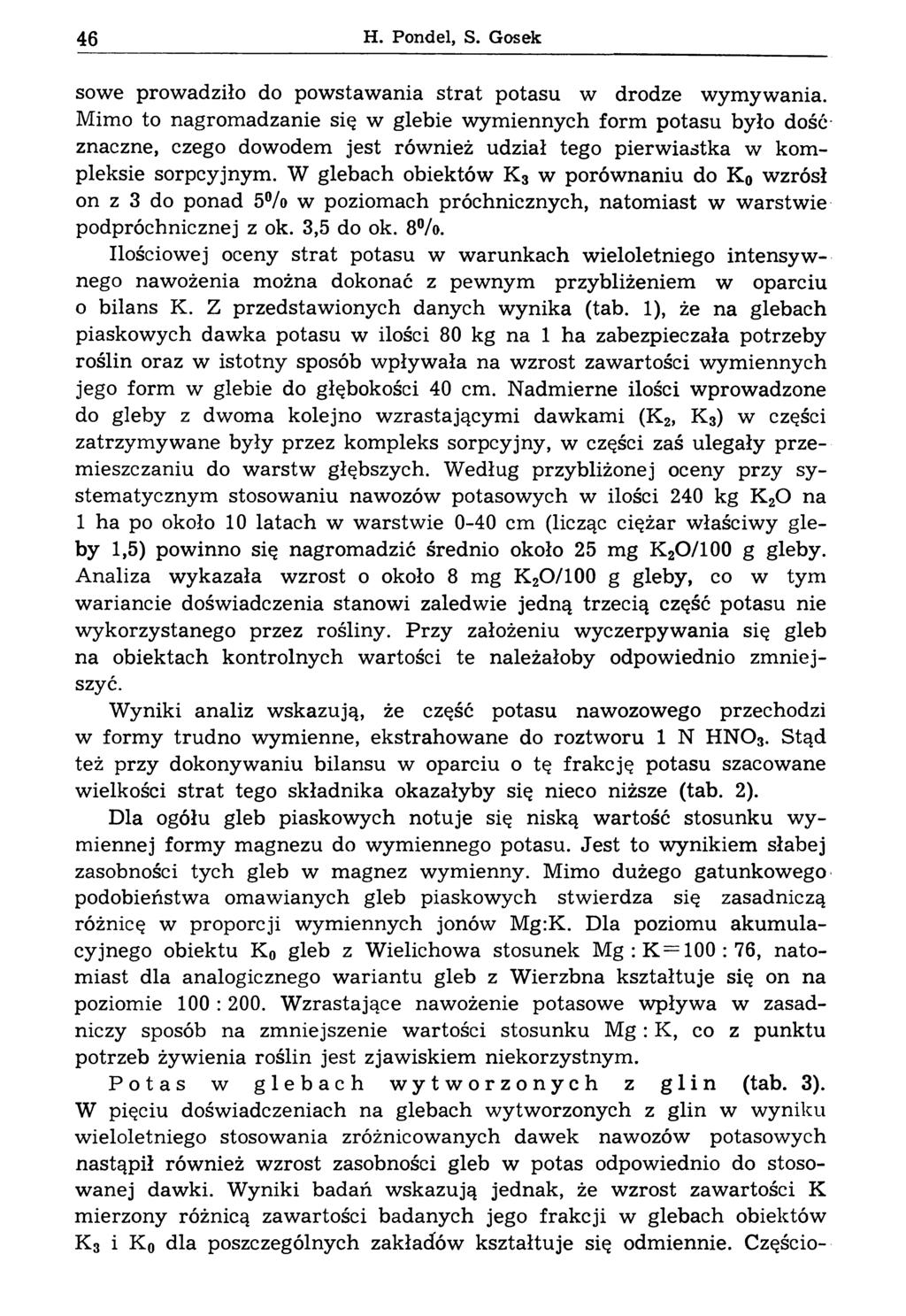 46 H. Pondel, S. Gosek sowe prowadziło do powstawania strat potasu w drodze wymywania.