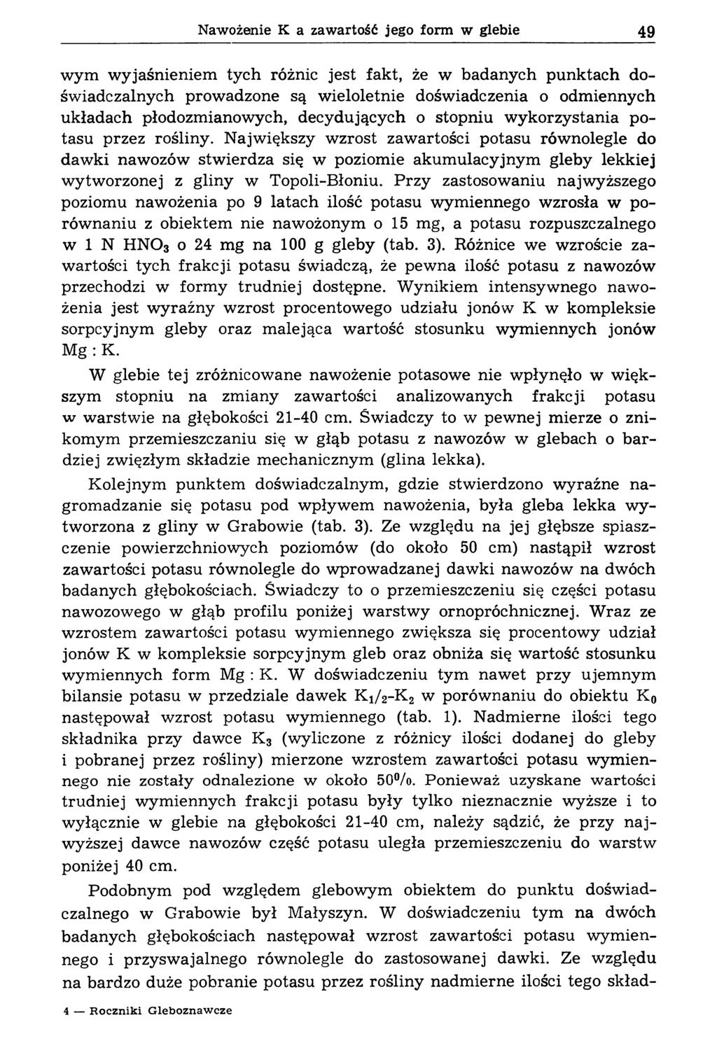Nawożenie К a zawartość jego form w glebie 49 wym wyjaśnieniem tych różnic jest fakt, że w badanych punktach doświadczalnych prowadzone są wieloletnie doświadczenia o odmiennych układach