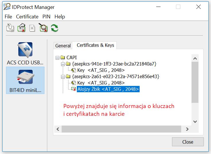 Jeżeli PIN jest prawidłowy, aplikacja wyświetli wszystkie klucze i certyfikaty istniejące na karcie.